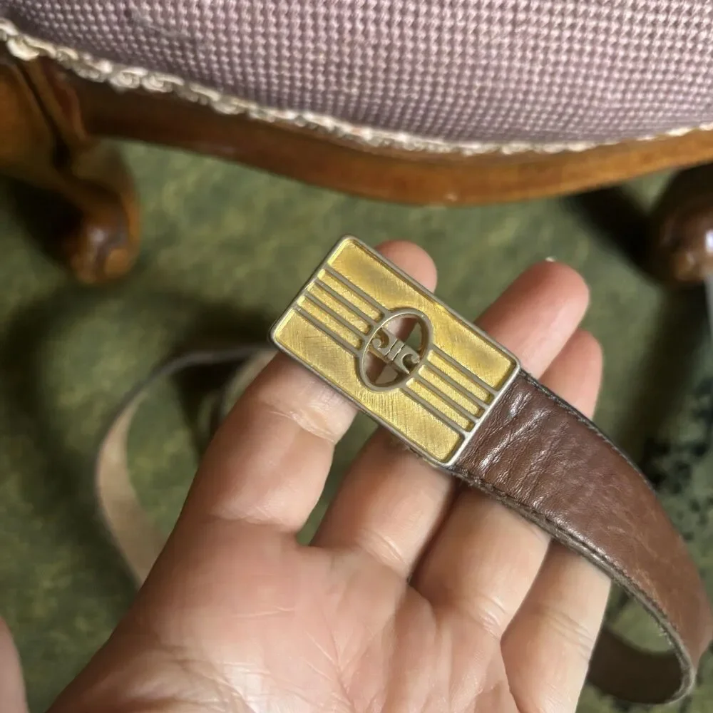 Vtg Retro 70s Gold Monogram JC Logo Leather Belt Plaque Buckle Patina Brown 36